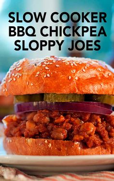 slow cooker bbq chickpea sloppy joes on a plate with text overlay