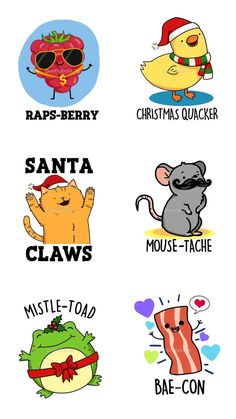 six stickers with different types of animals and words on them, including santa claws, mouse - toad, bae - con