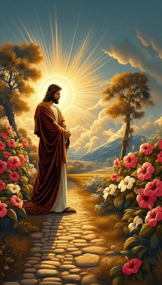 a painting of jesus standing in the middle of a path surrounded by flowers and trees