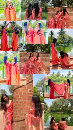 several different pictures of women in orange and pink sari dresses, one with her hands on the other's chest