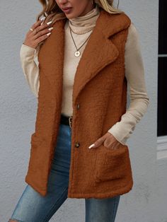 Solid Color Fall Vest With Pockets, Sleeveless Solid Outerwear With Pockets, Fall Sleeveless Sweater Vest With Pockets, Sleeveless Fall Outerwear, Brown Spring Vest With Pockets, Solid Sleeveless Vest For Fall, Fall Vest With Pockets, Sleeveless Vest For Fall, Sleeveless Vest Outerwear For Fall