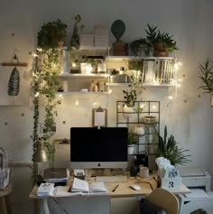 a desk with a computer on top of it surrounded by plants and other things in the room