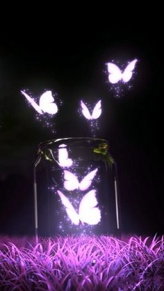 three butterflies flying out of a glass vase with purple grass in the foreground and light shining on it