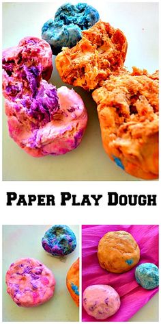 different types of doughnuts are shown with the words paper play dough on them