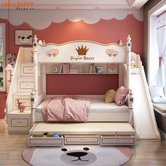 a child's bedroom with a bunk bed and stairs to the second floor is decorated in pink and white