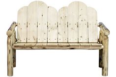 a bench made out of wooden boards with arms and legs on the back, sitting in front of a white background