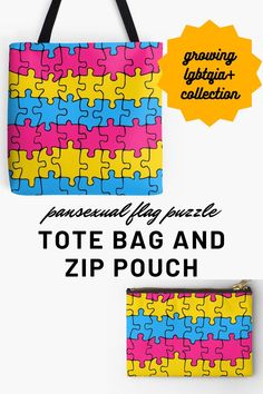 For my lgbt puzzle collection, the pan pride flag on puzzle pieces printed on many different products, including apparel, tech and accessories! Here you can see it on matching tote bag and zip pouch from Redbubble! Zip Pouch