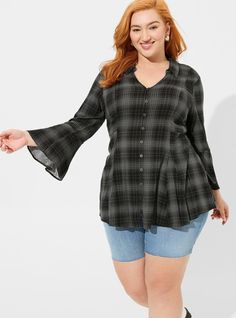 Fit And Flare Rayon Slub Button-Front TopFit And Flare Rayon Slub Button-Front Top, MIDWEEK PLAID DEEP BLACK Black Bell Sleeve Top, Long Bell Sleeves, Babydoll Style, Button Front Top, Babydoll Top, Beautiful Blouses, Bra And Panty Sets, Fit And Flare, Woven Fabric