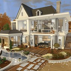 an artist's rendering of a house with a pool in the front yard and steps leading up to it