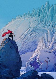 a man standing on top of a large rock next to a giant iceberg covered in snow