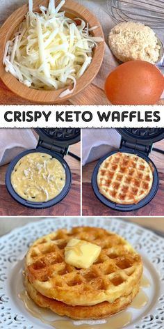 Made with cheese, egg, and almond flour! Just 3 healthy and protein packed ingredients. You can also add vanilla extract, cinnamon, blueberry, etc. to take them up a notch. Thanks to the cheese, they turn out extra crispy just how I like my waffles. Serve with butter and sugar free syrup and you'd never guess they were low carb! You're going to love this easy keto recipe for breakfast. Whip out your mini waffle maker and let's get started! Breakfast Chaffles, Breakfast Waffle Recipes, Keto Waffles, Best Keto Breakfast, Mini Waffle Maker, Desayuno Keto, Low Carb Sweeteners, Breakfast Waffles, Kid Desserts