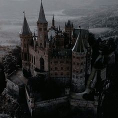 an aerial view of a castle in the fog