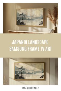 Neutral-toned Japandi Samsung Frame TV Art featuring a tranquil scene of a crane by a lake with a majestic mountain backdrop. Inspired by Japandi minimalism, this digital TV art seamlessly blends clean lines and natural beauty to enhance your decor. Instantly downloadable and ready to elevate your home.