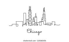 chicago skyline with the word chicago written in black ink on a white background, hand drawn