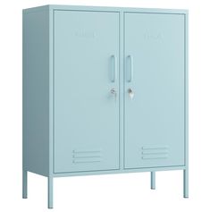 a light blue cabinet with two doors on each side