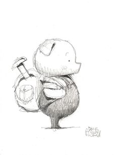 a drawing of a cartoon character holding a hammer and an apple in one hand while standing on the other