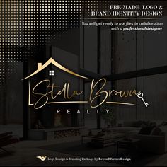 the logo for stella brown's realty is shown in gold and black colors