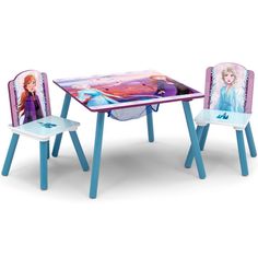 two children's chairs and table with frozen princess pictures on the top one chair is blue