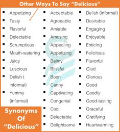 an orange and white poster with words that say different ways to say delicious