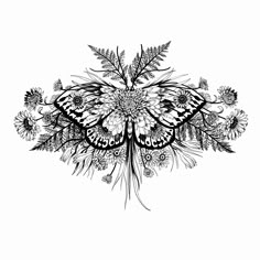 a black and white drawing of a butterfly with flowers on it's back side