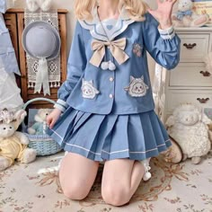 [Soft Sheep] JK cute blue uniform set – Cutiekill Short Kimono Outfit, Pastel Academia, Blue Uniform, Kimono Outfit, Harajuku Girls, Drawing Anime Clothes, Short Kimono