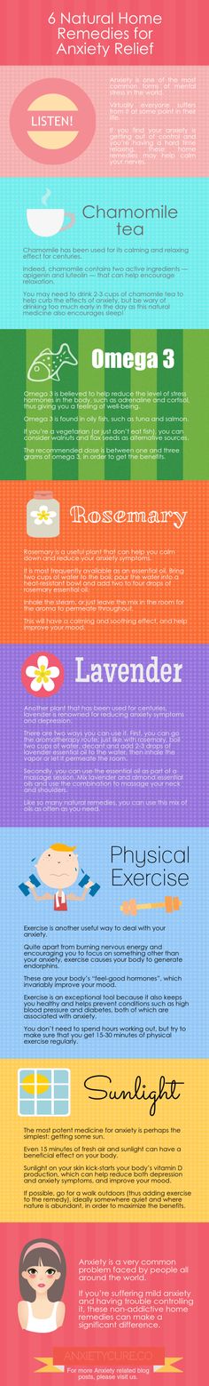 Here are '6 natural home remedies for anxiety.' Among them are: Chamomile tea, Omega 3, Rosemary, and Lavender. Add in sunlight & exercise to help reduce the anxiety in your life. Click on the pin to read more about each of these home remedies. Cough Remedies, Burn Out, Natural Home Remedies, Natural Home, Health Remedies, Holistic Health, Natural Health, Home Remedies, Natural Remedies