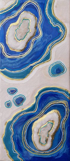 an abstract painting with blue and gold colors