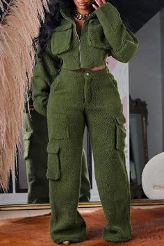 Lasaky - Plush Plus Size Casual Clothing Set - Army Green Denim Jumpsuits, 2piece Outfits, Baddie Outfits Casual, Cute Simple Outfits, Fall Fashion Outfits, Casual Sets, Lookbook Outfits, Sweatshirt Dress, Simple Outfits