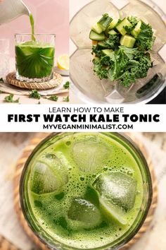 the first watch kale tonic is being poured into a glass with cucumbers and lemon slices