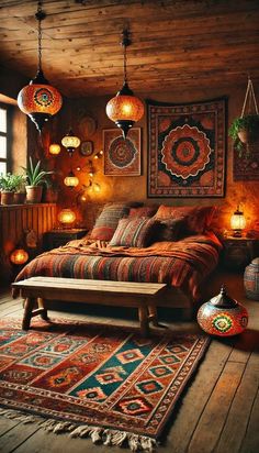 a bed sitting on top of a wooden floor next to lamps and rugs in a room