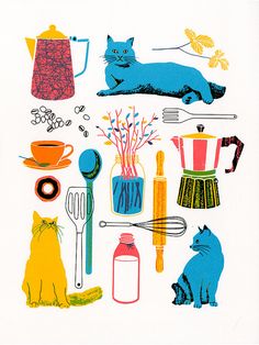 an image of cats and kitchen utensils