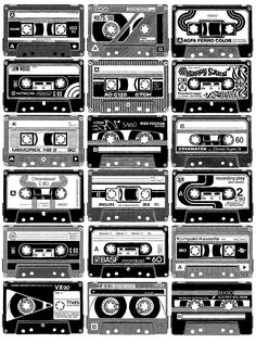 a bunch of cassette tapes stacked on top of each other, all in black and white