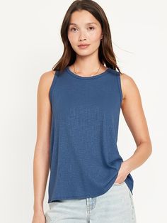 Saw this on Old Navy: Sleeveless Ribbed Top For Layering, Sleeveless Tops With Ribbing For Layering, Spring Casual Muscle Tee For Layering, Casual Muscle Tee For Spring Layering, Casual Crew Neck Muscle Tee For Layering, Sleeveless Ribbed Cotton Knit Top, Casual Solid Color Tank Top For Loungewear, Casual Scoop Neck Tank Top With Relaxed Fit, Casual Cotton Ribbed Tank Top