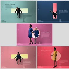 four different webpages with people standing and sitting on the same page, all in different colors