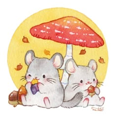 two mouses are sitting under a mushroom