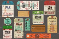 an assortment of different luggage tags and labels on a gray background with the words paris