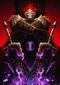 an image of a man with two swords in his hands and purple light coming out from behind him