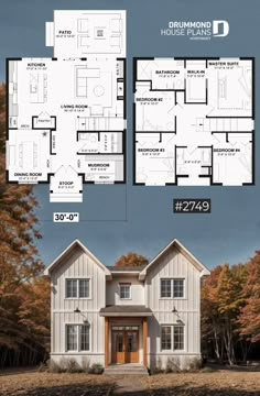 two story house plans with 3 bedroom and 2 bathrooms on each floor in the same area