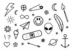 an assortment of doodles drawn in black and white on a white background with stars, sun, moon, clouds, hearts, eyes, lips, nose, pencils