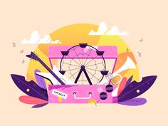 a pink suitcase filled with lots of things next to a ferris wheel on top of a yellow background