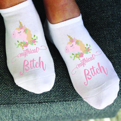 Mythical Bitch socks to share with your favorite "bitches" for a good laugh. A variety of design options make fun gifts for friends. The perfect socks for working out and running errands.   Machine wash warm, non chlorine bleach only, and tumble dry. The custom printing is hand processed in the USA, the cotton blend socks are made to our specifications and are imported. #mythicalbitch #happysoles #sockprints #noshowsocks Socks Funny Quotes, Cheap Funny Socks For Gifts, Funny Multicolor Socks For Gift, Fun Socks Sublimation, Funny Socks Women, Comfy Socks, Cricut Explore Projects, Personalized Socks, Custom Socks