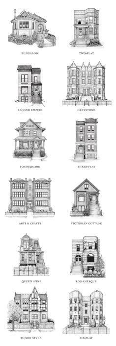 architectural drawings showing the different types of houses and their names in english, french, and spanish