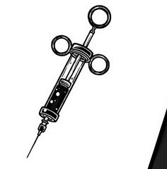 a black and white drawing of a syringe with two keys attached to it