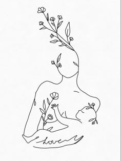 a line drawing of a woman with flowers on her head holding a baby in her arms