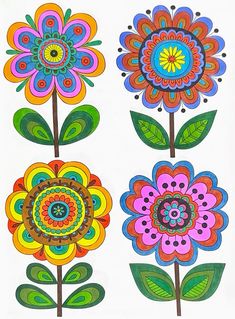 four different colored flowers with leaves on them