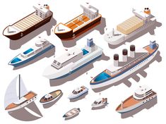 various types of boats and yachts on white background - miscellaneous objects / objects illustrations