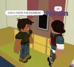 two children standing in a room talking to each other with the caption can u taste the rainbow?