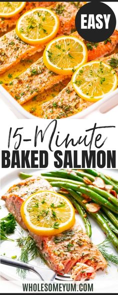 baked salmon with lemons and green beans on the side