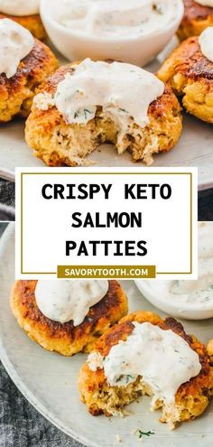 crispy keto salmon patties with mayonnaise on top