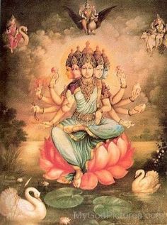 an image of the hindu god sitting on top of a lotus in front of swans